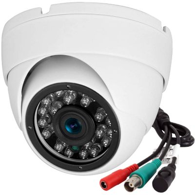 White dome security camera with visible lens and infrared LEDs, shown with attached power and video cables featuring red, green, and black connectors.