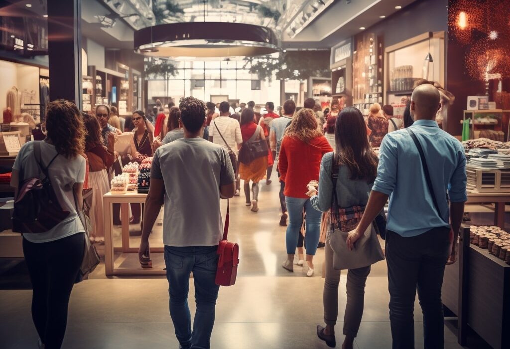 People walk through a busy indoor shopping mall with various stores and displays under a glass ceiling.