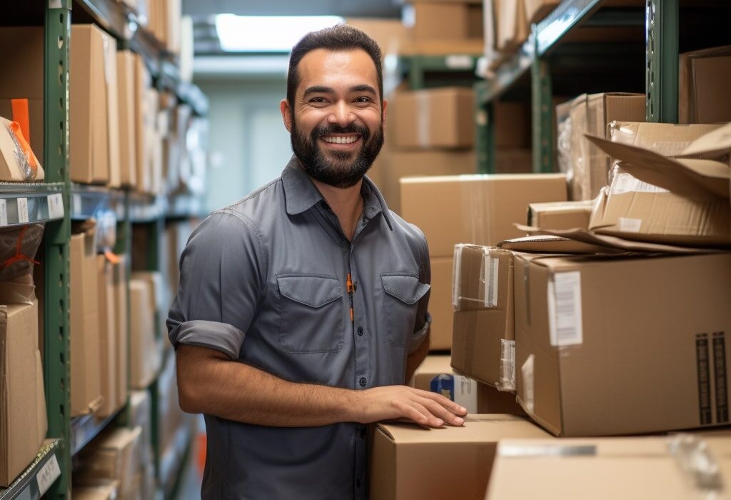 A man with a beard stands in a warehouse aisle, smiling and holding a cardboard box. Shelves filled with boxes line the background.