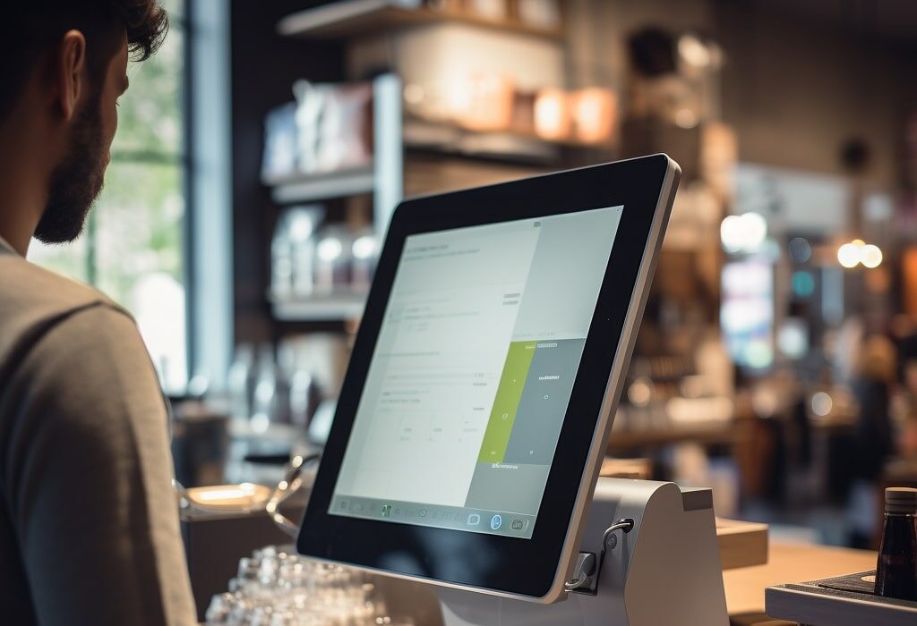A man using a pos machine in a coffee shop.