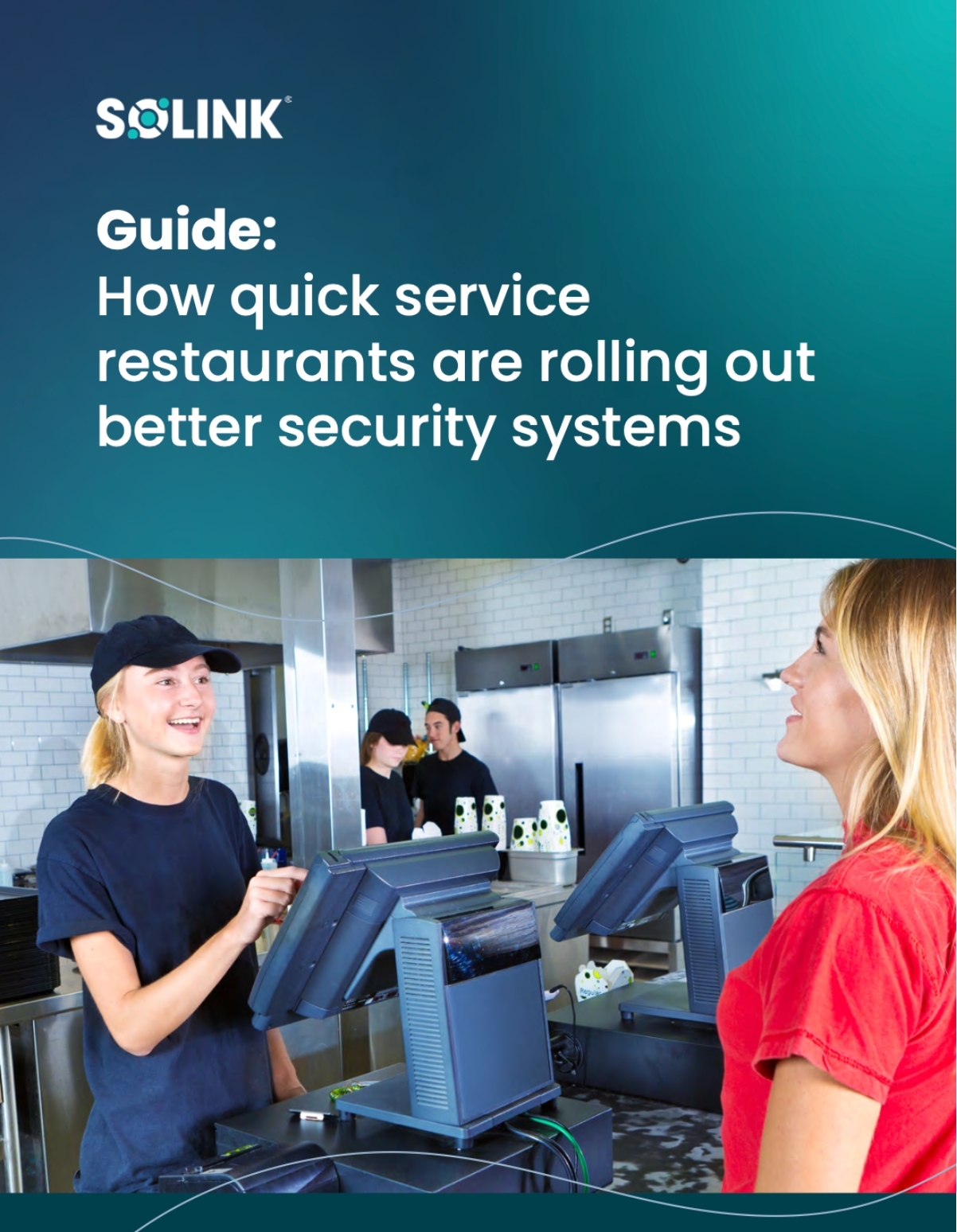 Two women interact at a restaurant counter with POS terminals; text above promotes a guide on security systems for quick service restaurants.