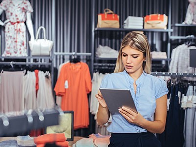 A woman using a tablet in a clothing store.