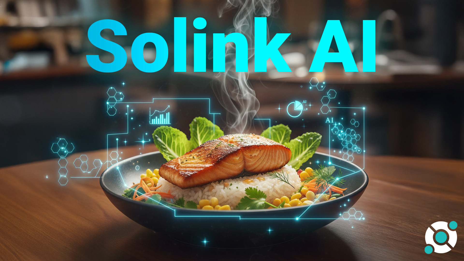 A steaming salmon fillet on rice and vegetables is surrounded by digital data graphics, with "Solink AI" text and a tech logo overlaid.