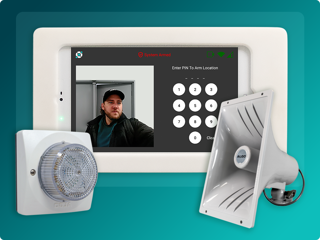 A security system display shows a man at a door with a keypad for PIN entry, alongside a strobe light and a siren on a teal background.