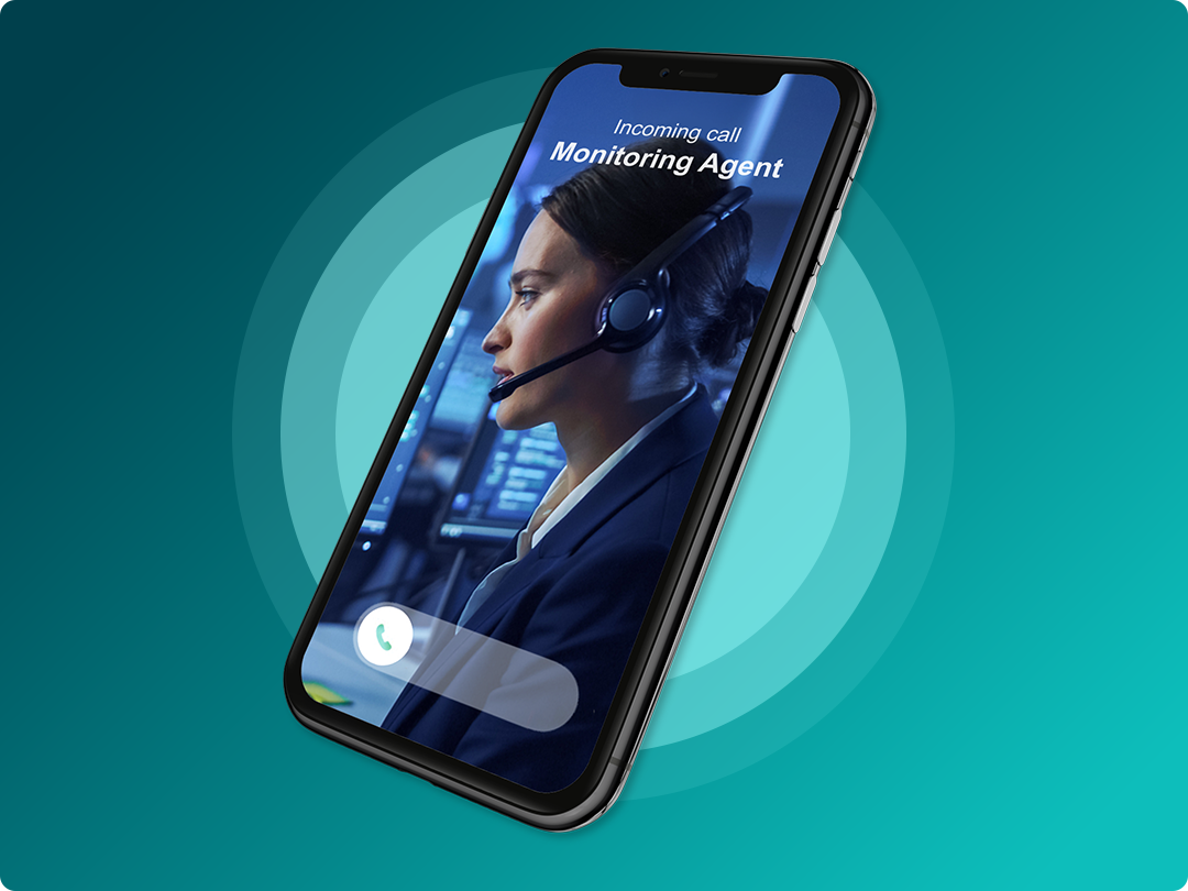 A smartphone displays an incoming call screen showing a monitoring agent wearing a headset, set against a blue gradient background.