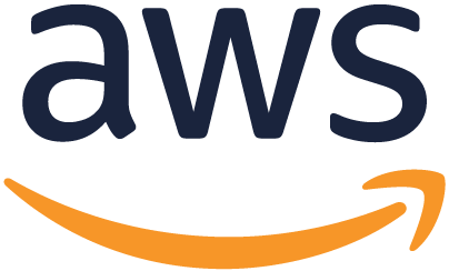 Logotipo de AWS con letras minúsculas "aws" en azul oscuro sobre una flecha curva naranja estilizada.