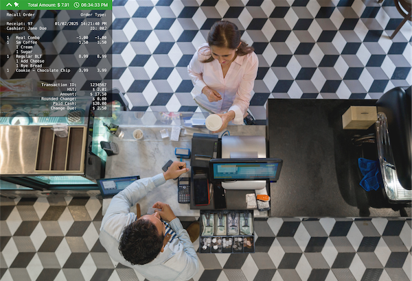 A woman hands a cup to a man at a cafe counter. A digital receipt is displayed on the top left over a black and white checkered floor.