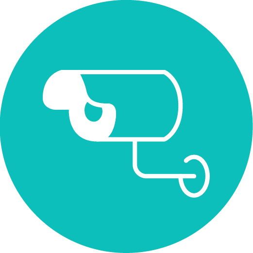 Icon of a security camera in a light cream color on a teal circular background.
