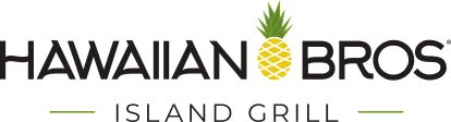 Logo for Hawaiian Bros Island Grill featuring text with a pineapple icon.
