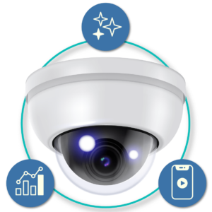 A white dome security camera surrounded by icons of a sparkle, a graph, and a mobile device.