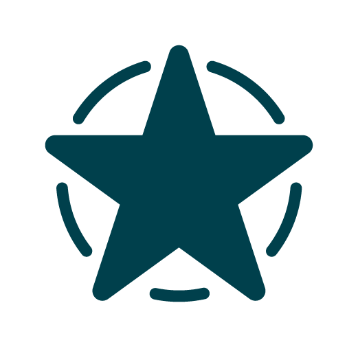 Dark blue star icon with four dashed semicircles positioned around it on a white background.