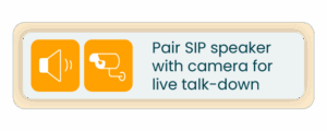 Two orange icons, one of a speaker and one of a security camera, next to the text "Horn speaker for live talk-down" on a white and orange background.