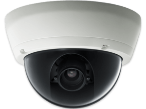 A white cctv camera on a black background.