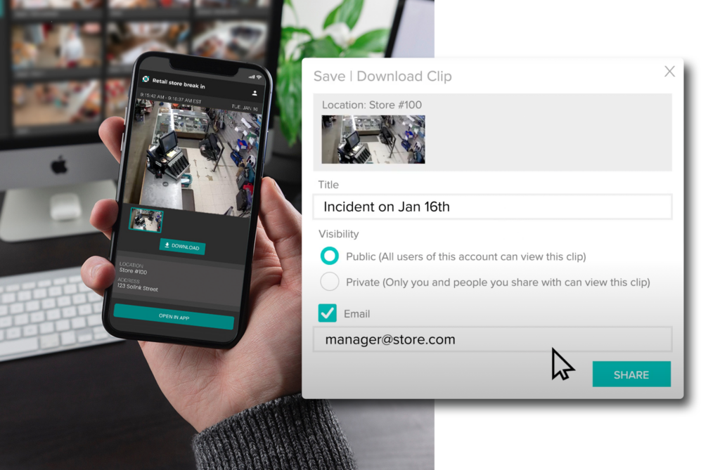 Person holding a smartphone displaying surveillance footage of a store. A dialog box on a screen beside it shows options to save or download the clip, titled "Incident on Jan 16th.