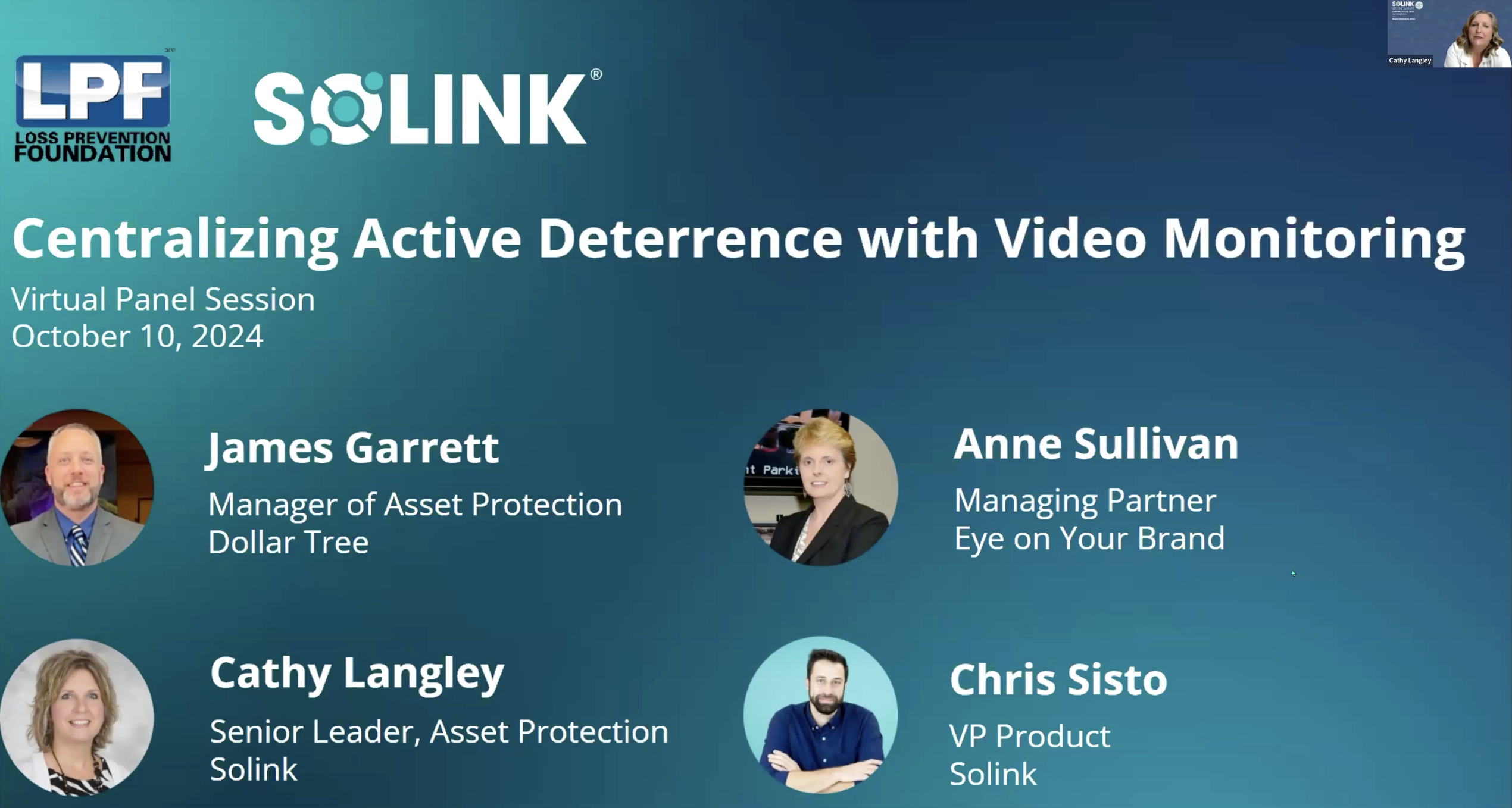 Virtual panel session titled "Centralizing Active Deterrence with Video Monitoring" includes four speakers with names and roles listed, set for October 10, 2024.