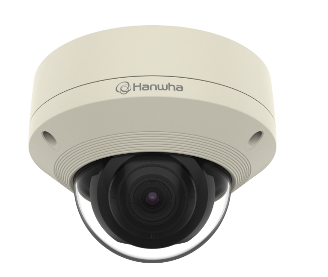 A white Hanwha dome security camera with a transparent cover, featuring the brand logo on the casing.