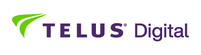 TELUS Digital logo with a green abstract symbol to the left of the purple text "TELUS Digital" on a light gray background.