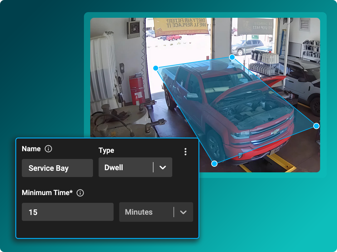 A red SUV is parked in an auto service bay with its hood open; an on-screen menu displays configuration options for service bay dwell time.