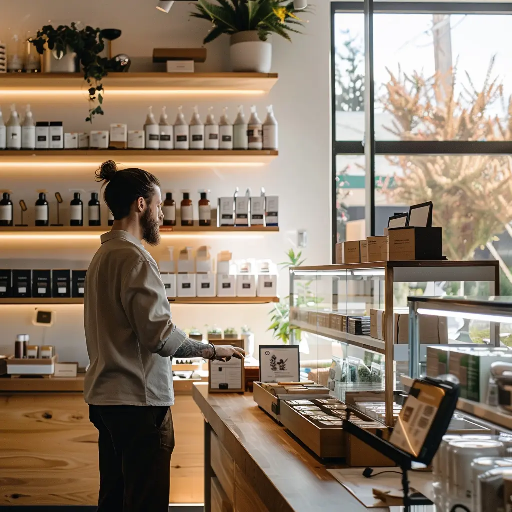 A store employee standing behind a counter in a well-organized boutique with shelves of products in the background.