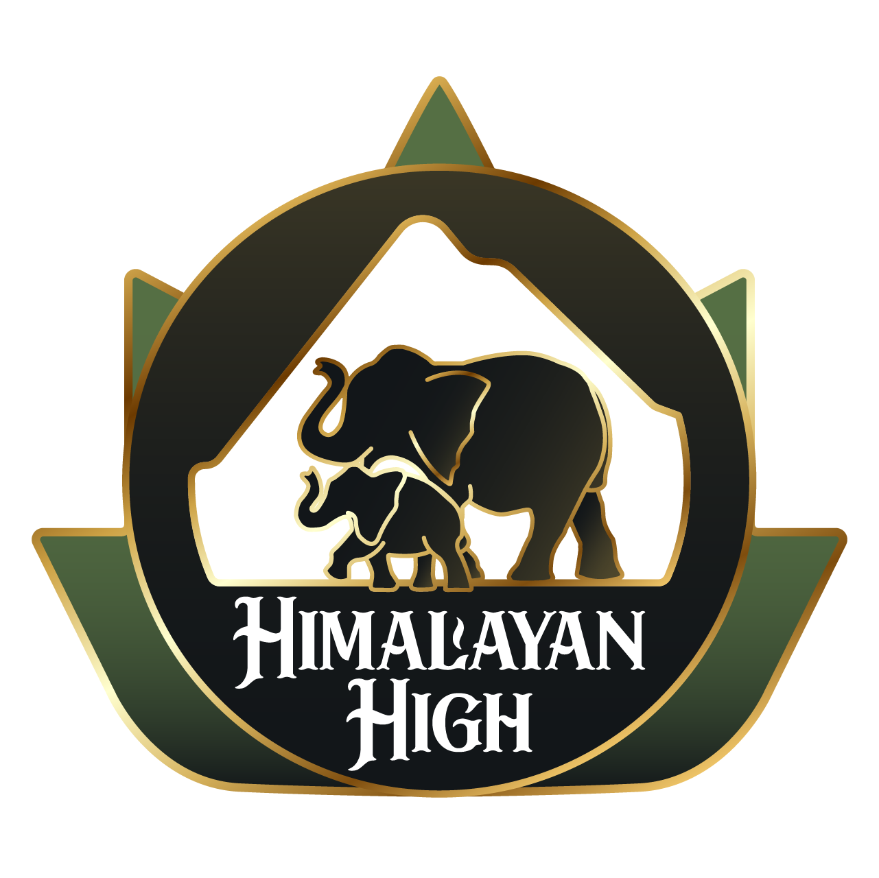 Logo of Himalayan High featuring a silhouette of a large and small elephant within a mountain outline, encircled by a black ring with green and gold accents.