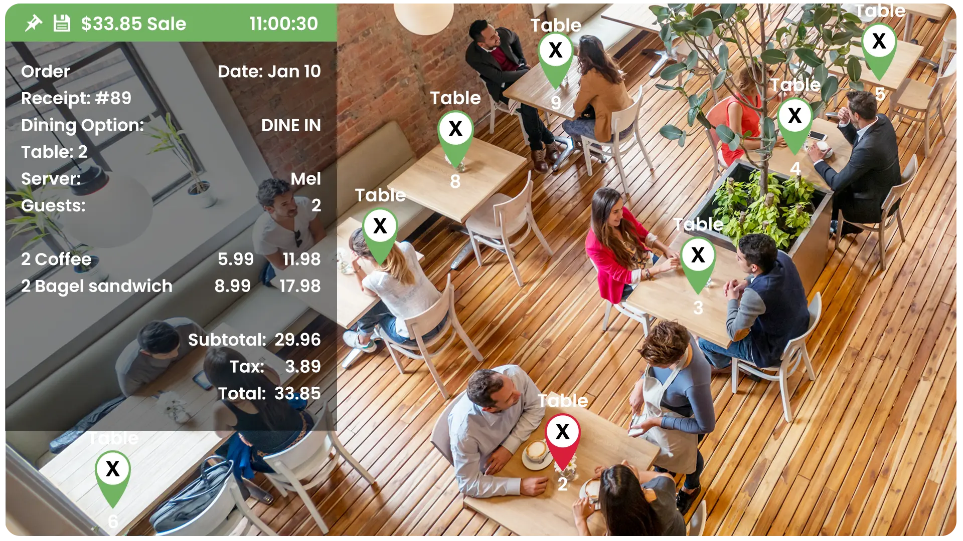 Use table markers within Solink to associate patrons to orders - Overhead view of a restaurant with six tables, each labeled with a table number. Inset graphic displays a receipt totaling $33.85 for two coffees and two bagel sandwiches, timed at 11:00:30.