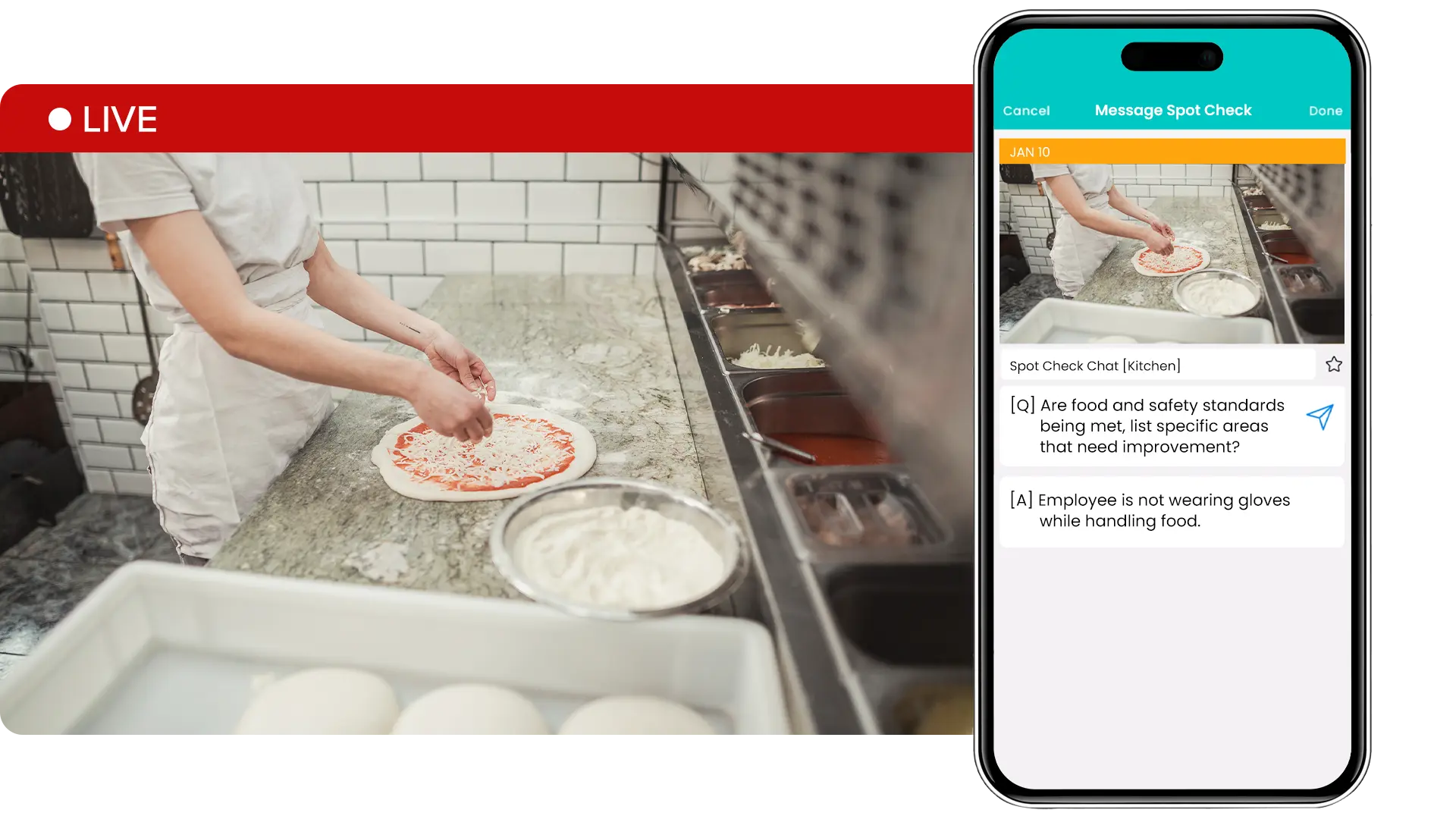 Confirm protocols are being followed in your restaurant - A person is preparing a pizza in a restaurant kitchen, wearing short sleeves and no gloves. A phone in the foreground shows a checklist about food safety, noting the lack of glove use.