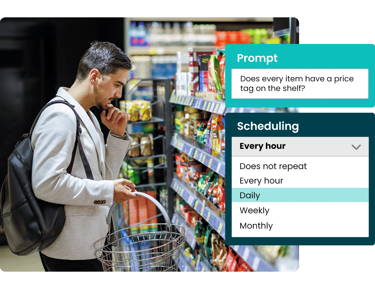 A man shops in a grocery store aisle, holding a shopping basket. A digital overlay shows options for checking price tags and scheduling frequency.